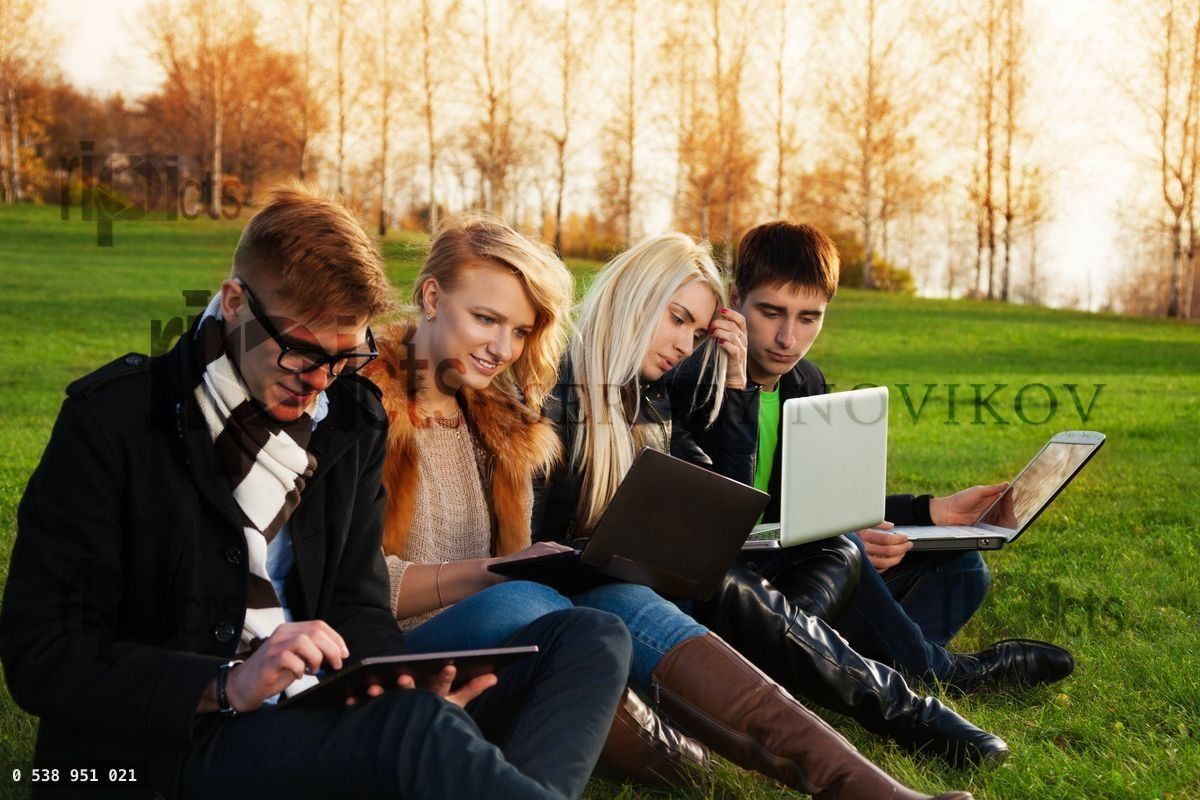 Four students working on laptops in the park
