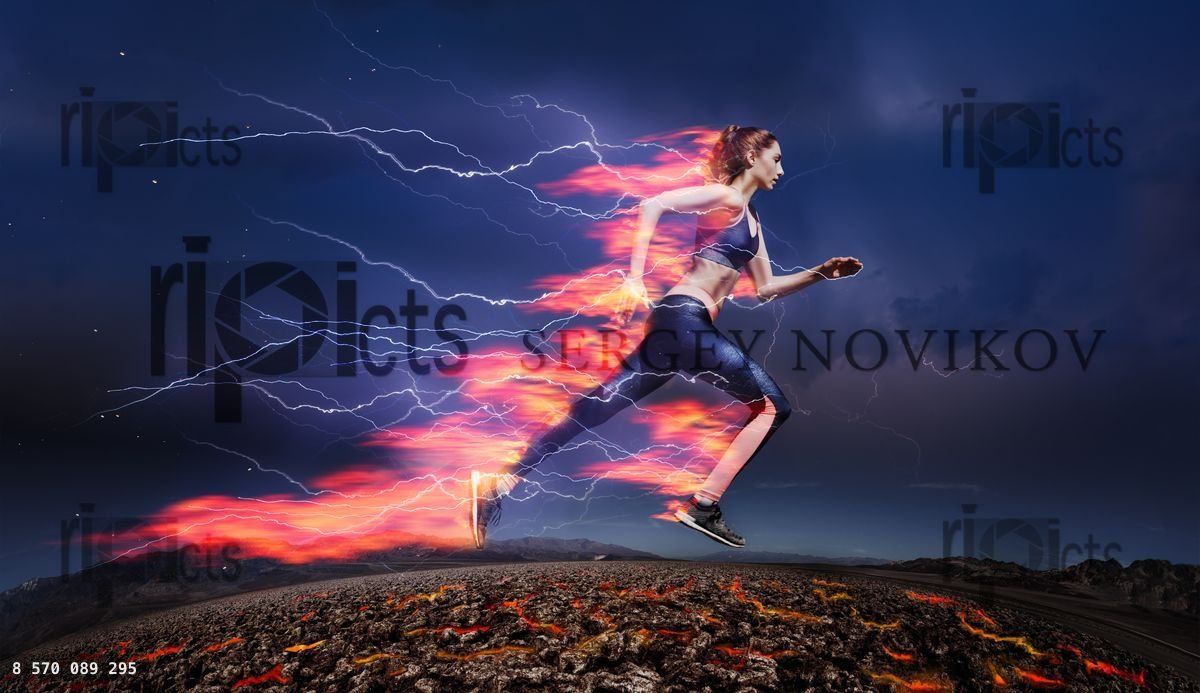Woman running fast against stormy sky with flash