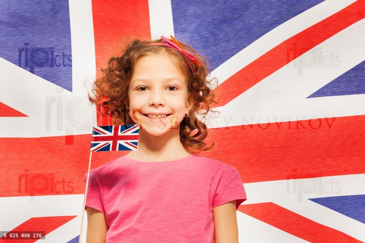 Funny girl with little flag against British banner