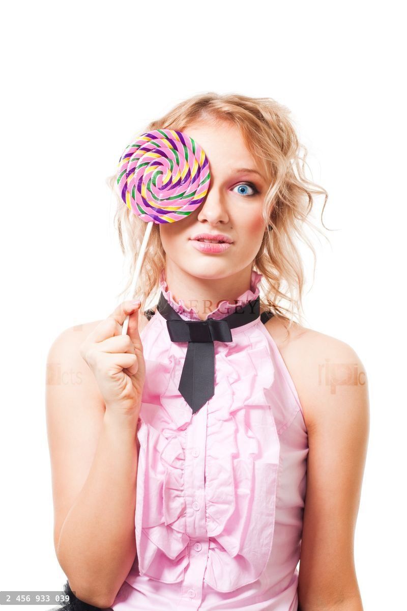 woman with lollipop in pink dress