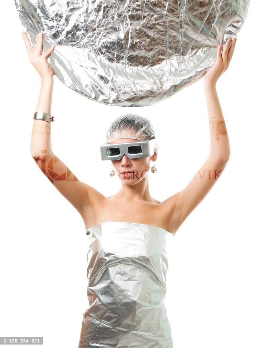 Future robot woman with silver disk