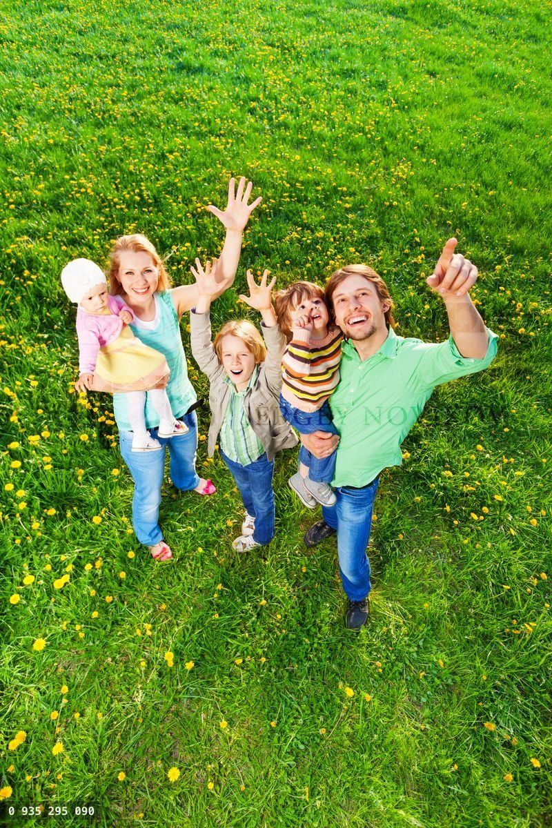 Smiling family portrait from top spot in park