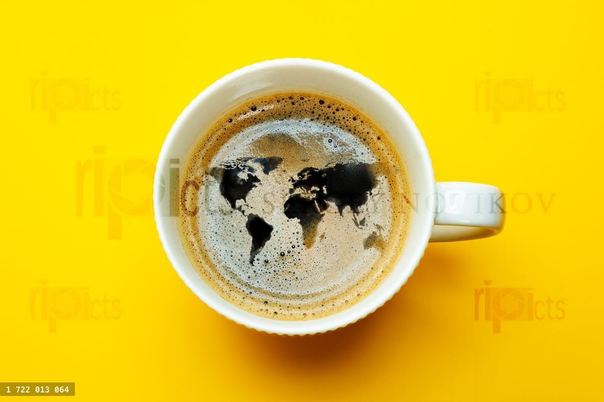 World map in the coffee cup foam pattern concept