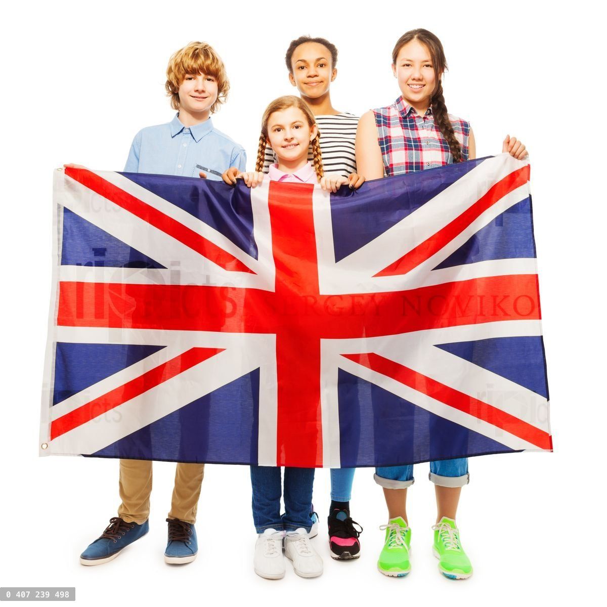 Four multiethnic teenage kids holding British flag