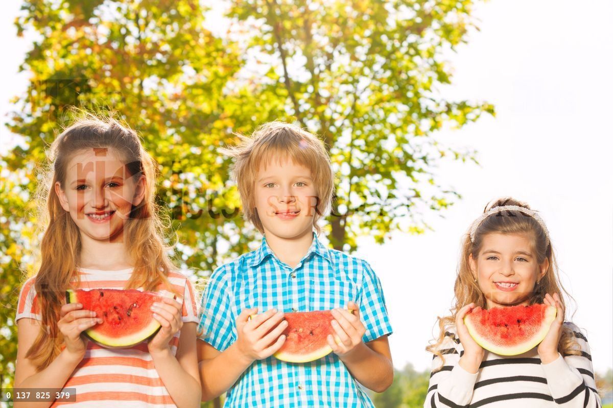 Friends hold watermelon and eating together in row