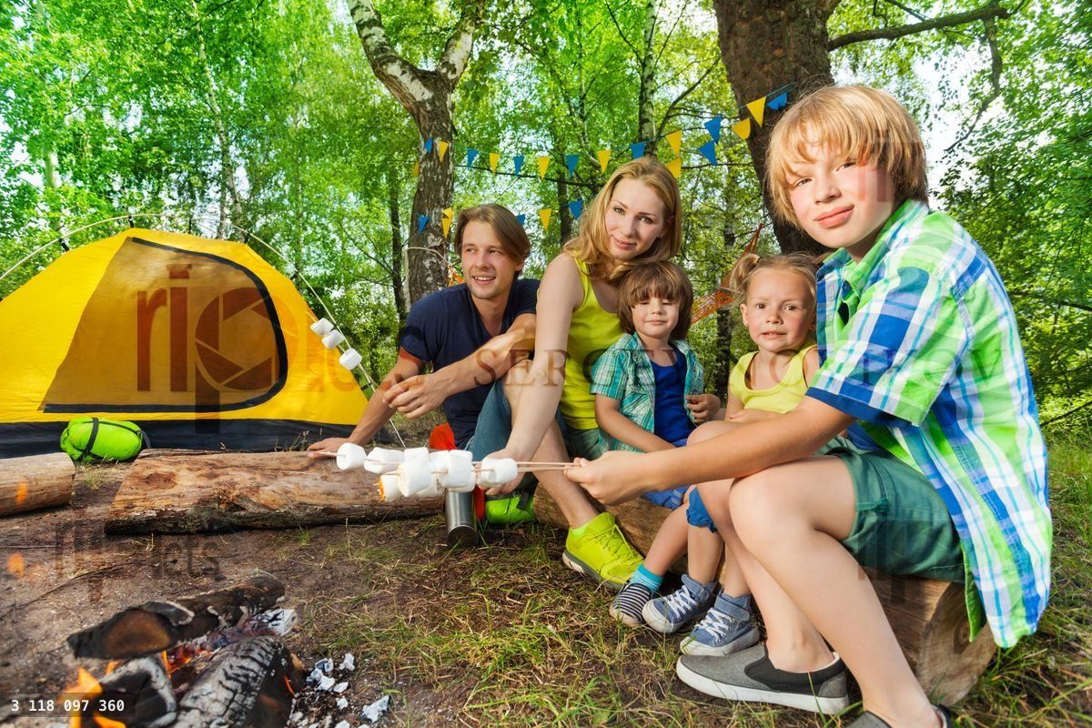 Famille heureuse faisant griller des marshmallows dans les bois