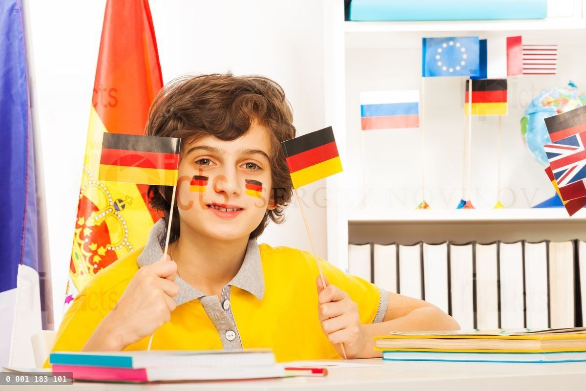German schoolboy holding flags in his hands