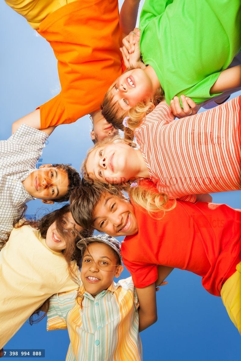 Funny kids in round on sky background