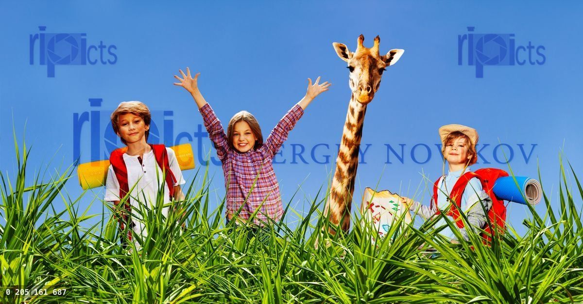 Giraffe and group of adventure kids over blue sky