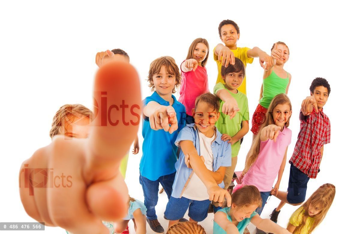 Funny group of kids pointing fingers