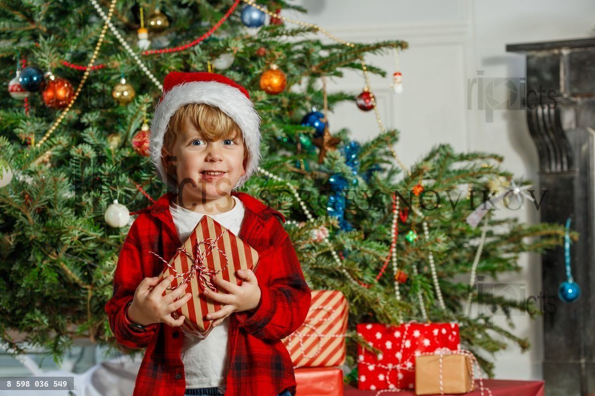 Smiling boy hold his presents celebrating Christmas by the tree