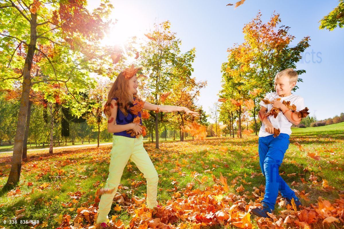 Girl and boy play throwing leaves in the forest