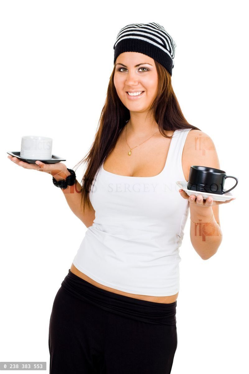 woman with black and white cups