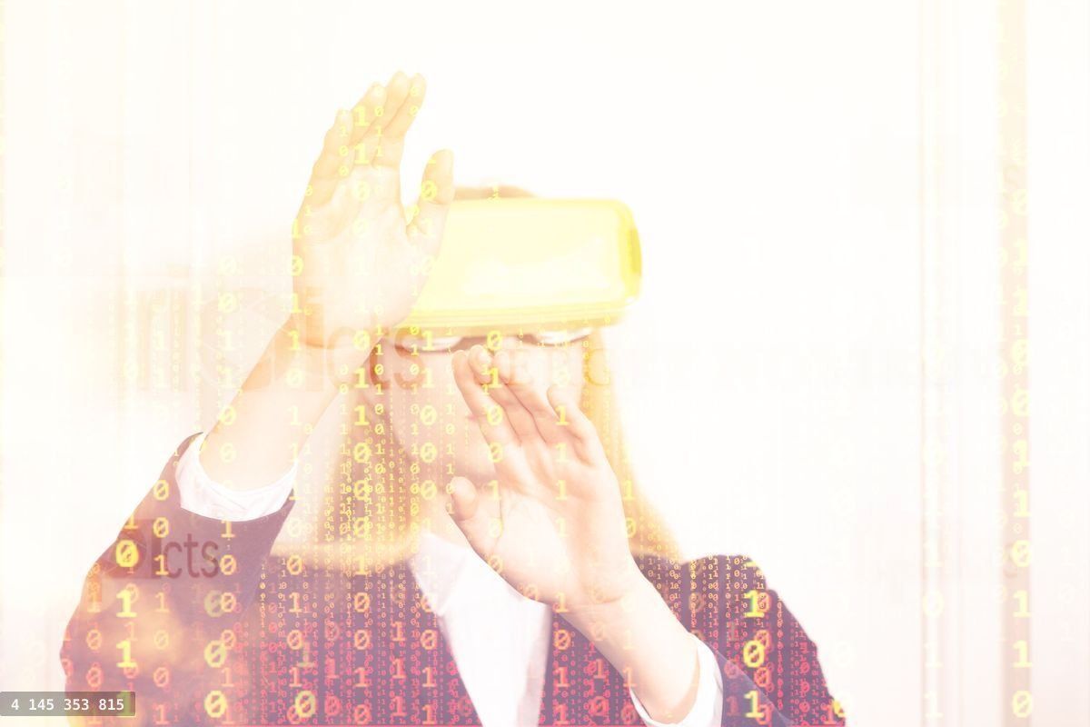 Woman in VR glasses, hands control, binary code