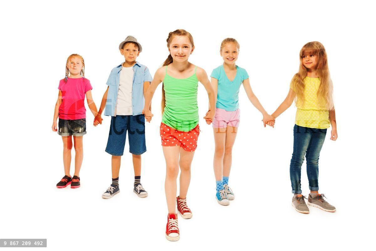 Five kids with happy little girl pull her friends