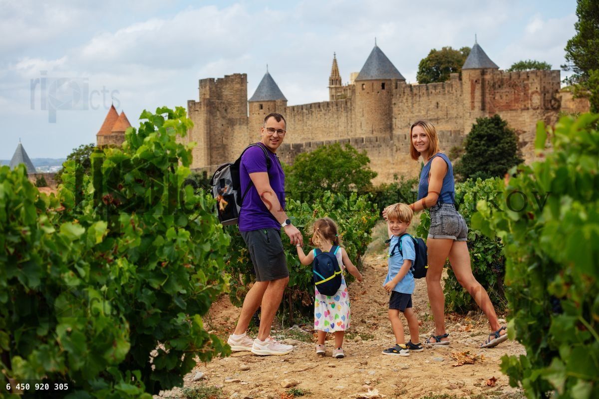 Niños y padres disfrutan de un paseo panorámico por Carcasona en un viñedo