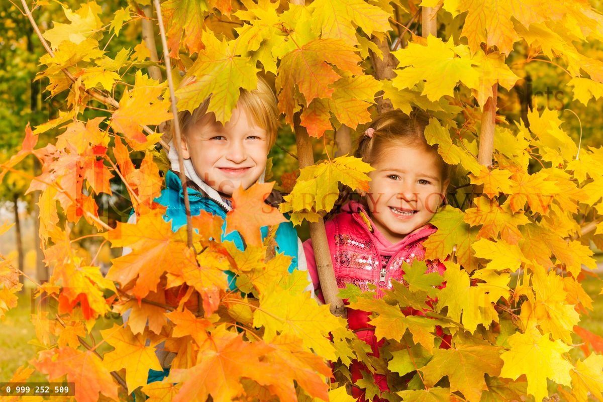 Girl and boy hiding in yellow autumn leaves