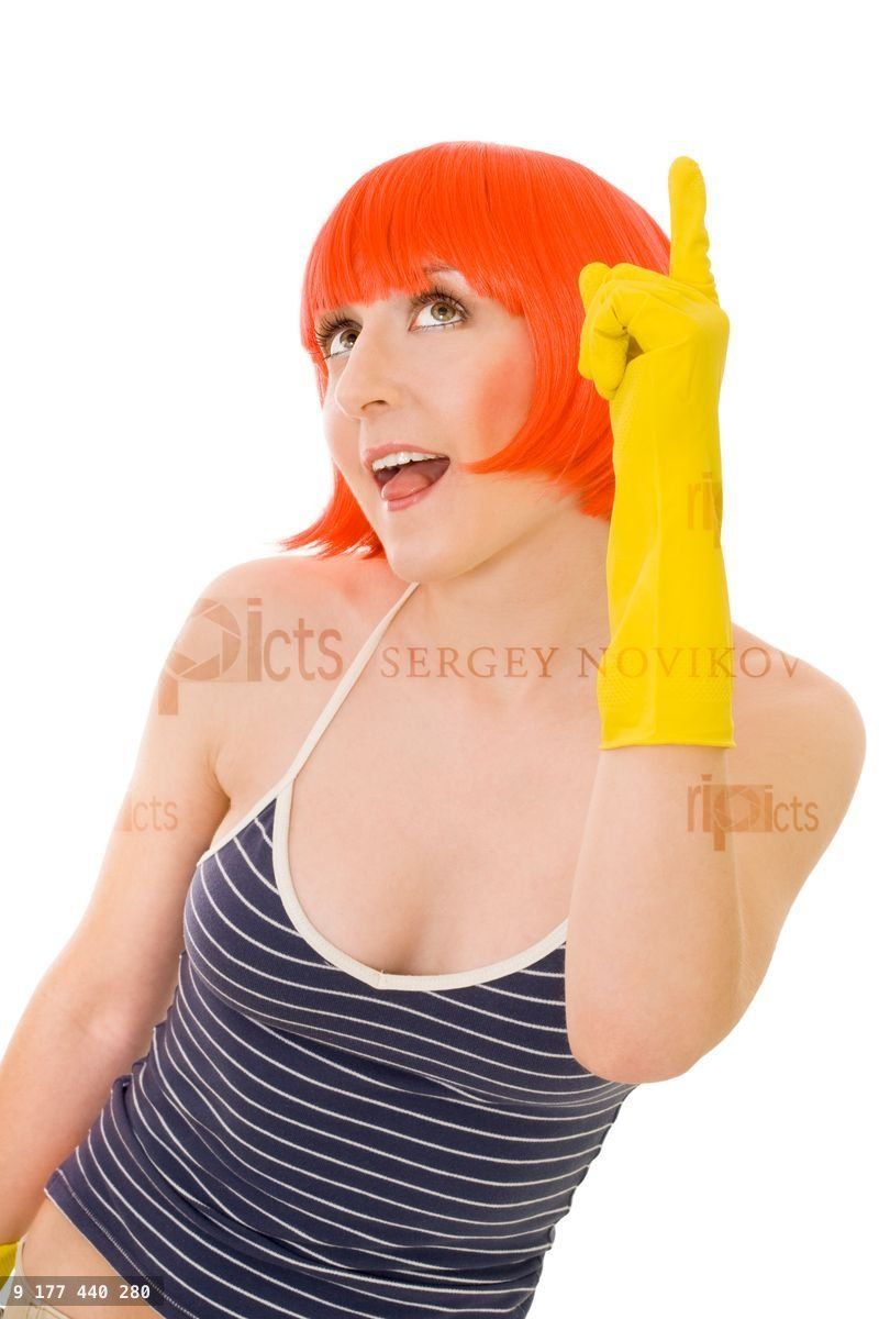 woman in red wig and yellow gloves
