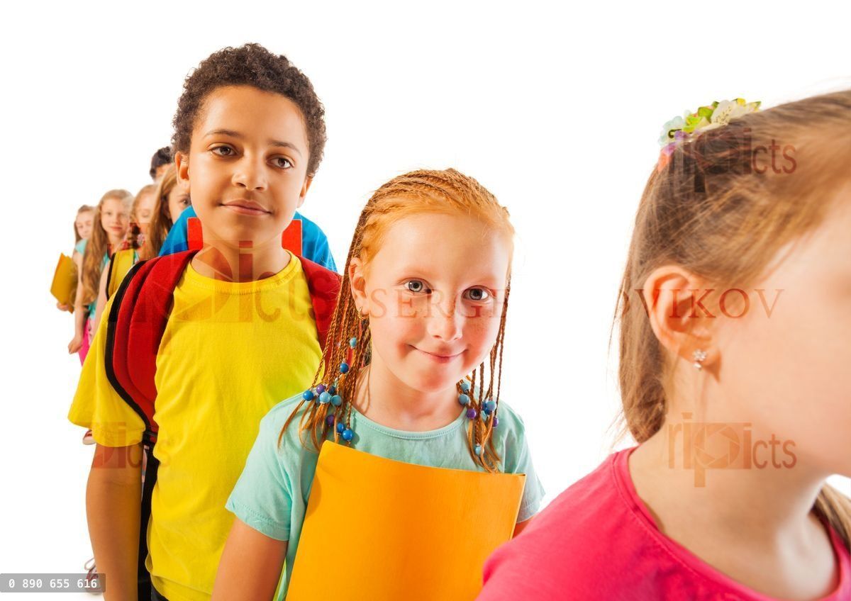 Line of diverse kids in isolated on white