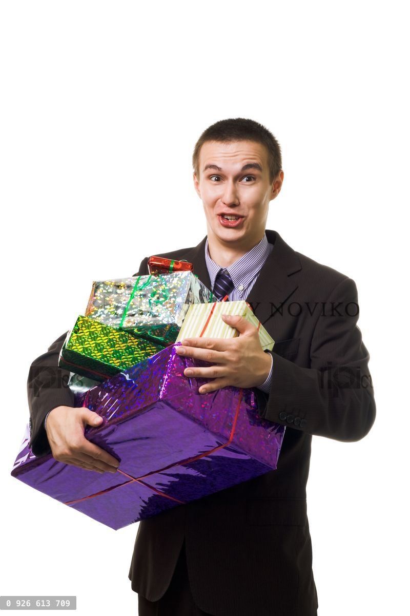 Young crazy man with many presents