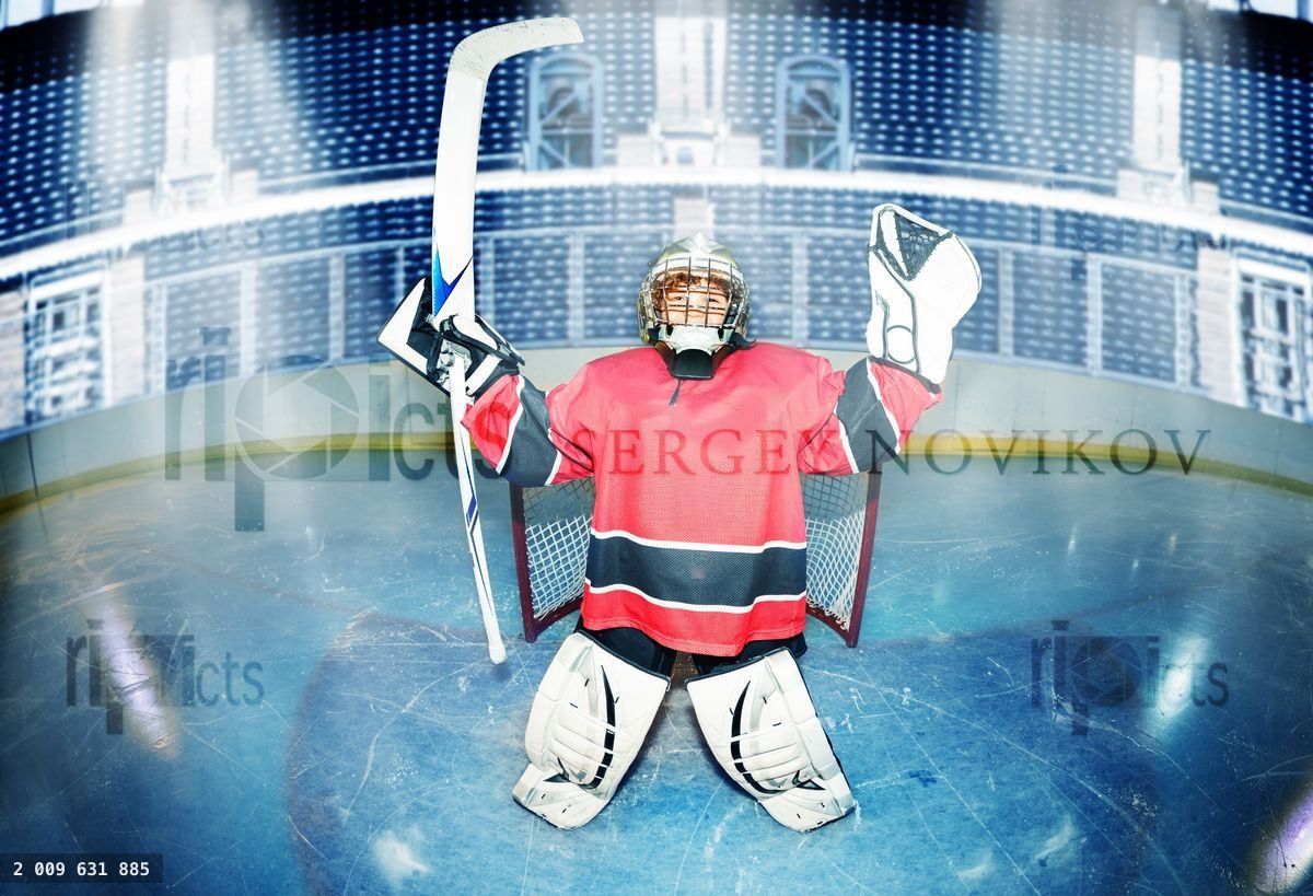 Young goaltender celebrates victory at hockey rink