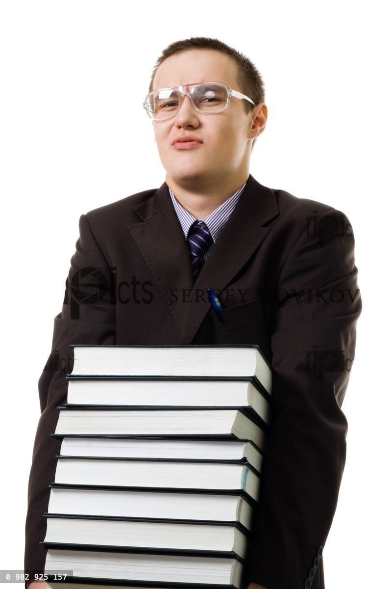Young man carry pile of books