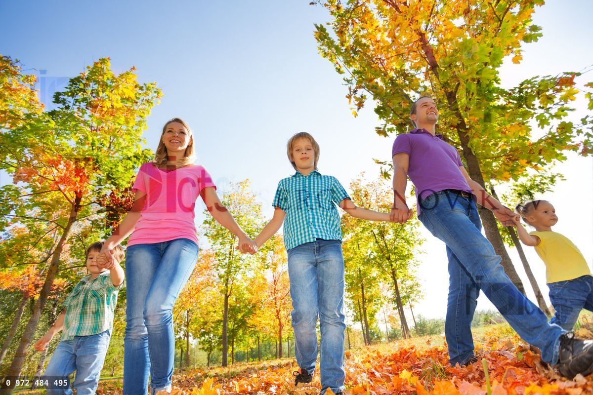 View from below of family walking together