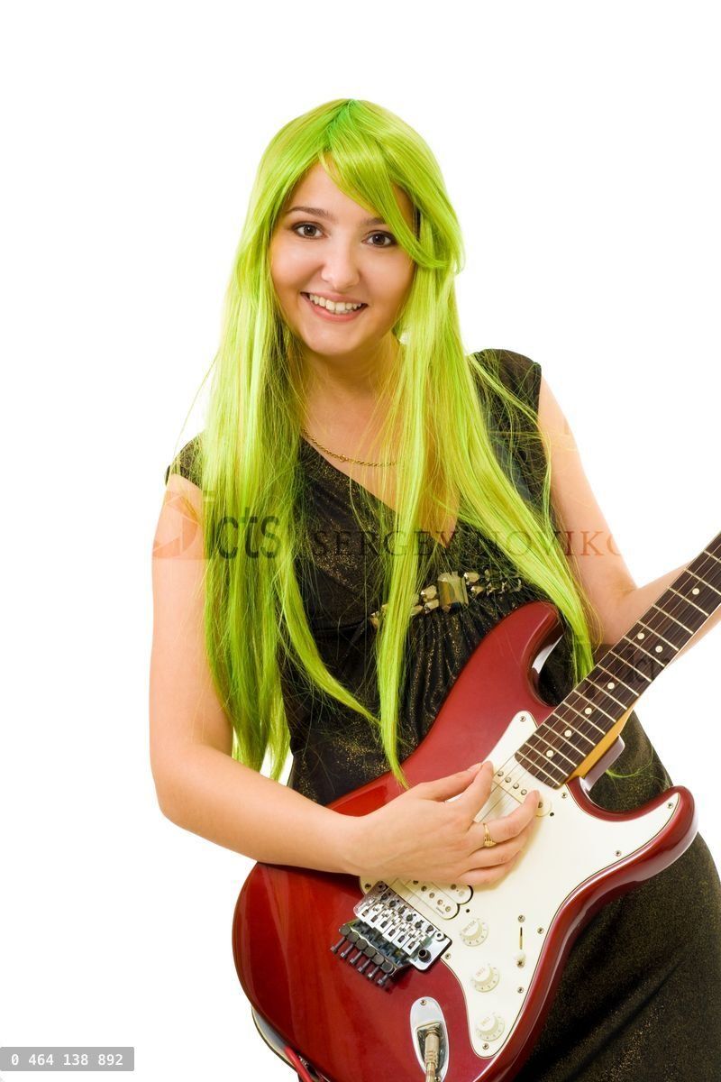 Woman with green hair and guitar