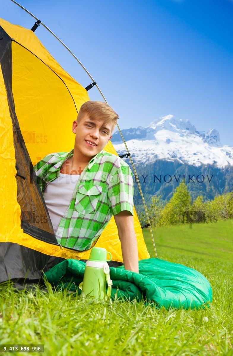 Young man on sleeping bag