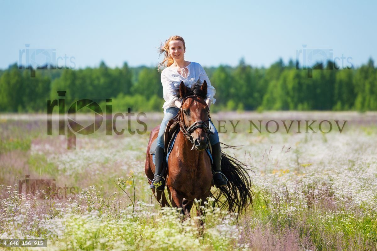 Young woman galloping horseback in flowery meadow