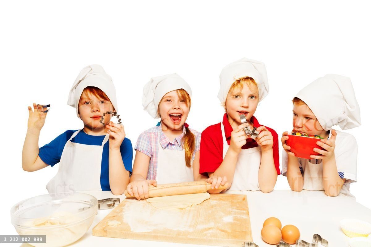 Young bakers making dough with kitchen stuff