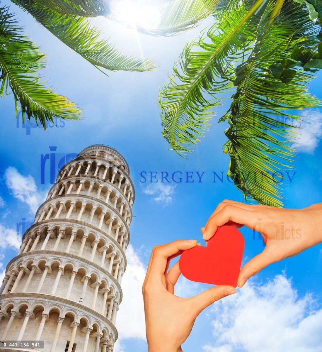 Hand hold red heart over leaning tower in Pisa