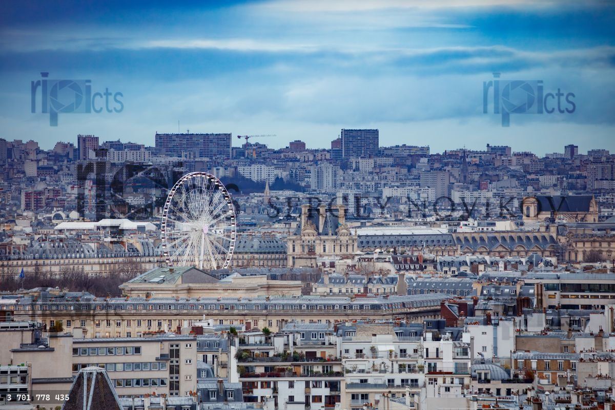 Cloudy Paris skyline Museum of Louvre and Ferris wheel in center