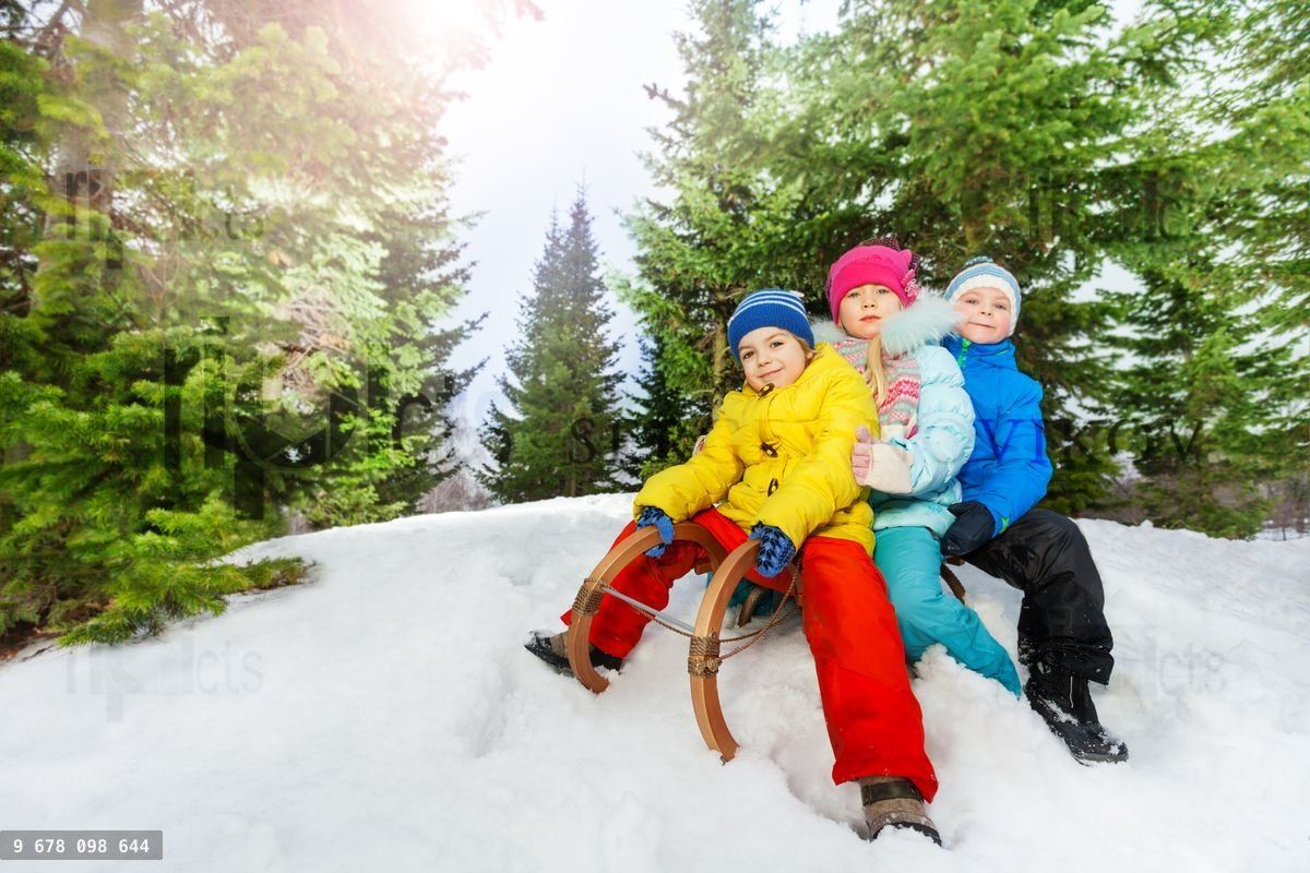 Trois jeunes enfants sur un traîneau dans un parc
