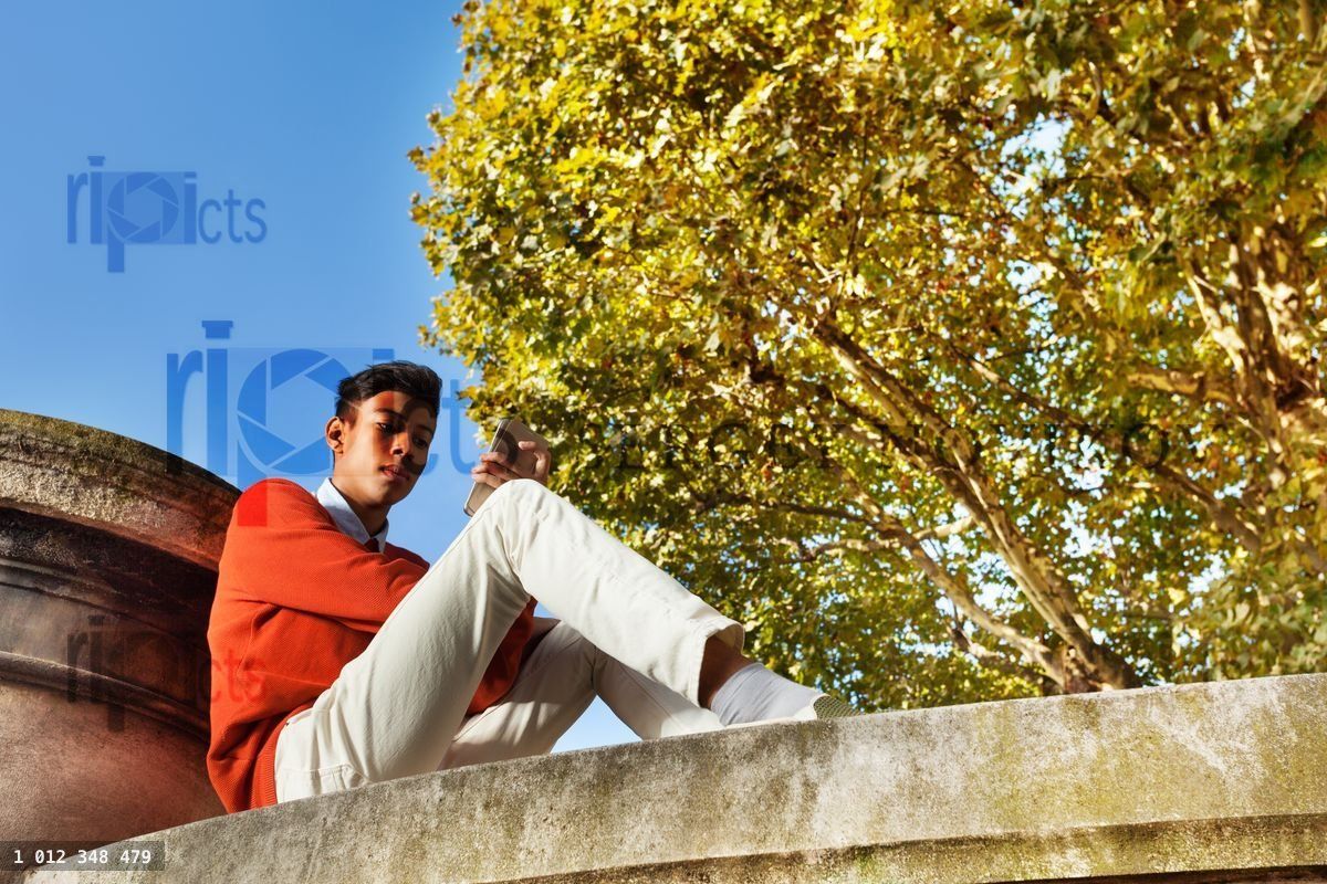 Young man sitting in park and using smart phone