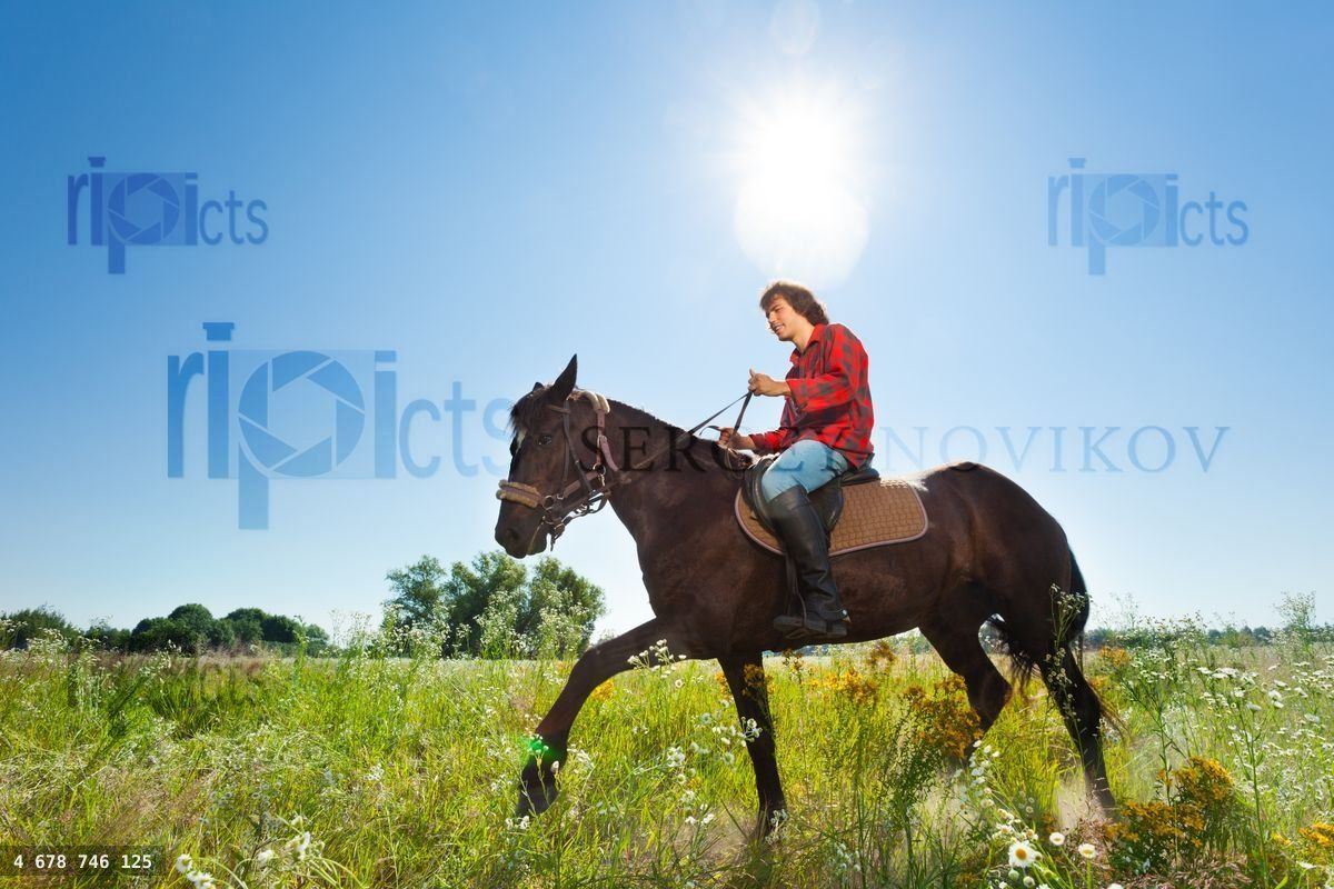 Young man horse ridding in the green outback