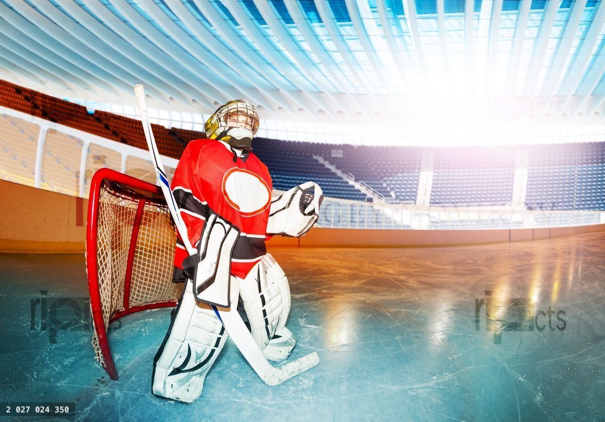 Young boy goaltender with hockey stick on the rink