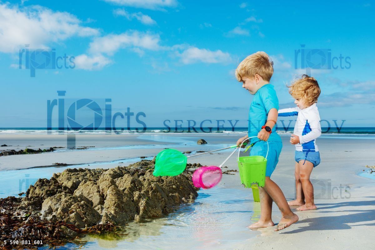 Deux enfants avec un filet à papillons sur la plage de sable attrapant des crabes