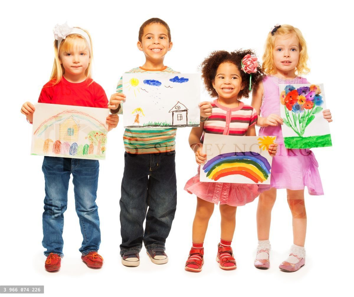 Four kids with pictures in their hands