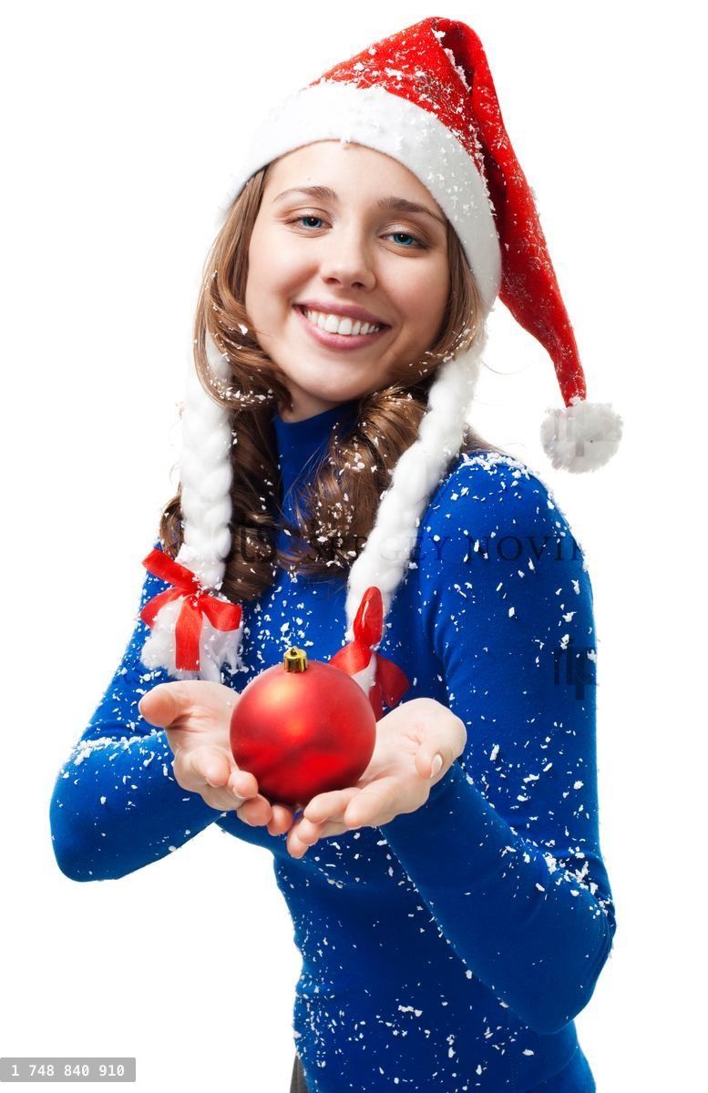 Woman in New year costume give red ball