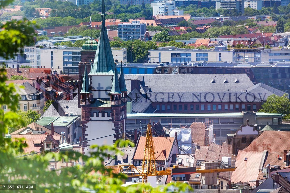 Freiburg cityscape with Martin's Gate clock tower