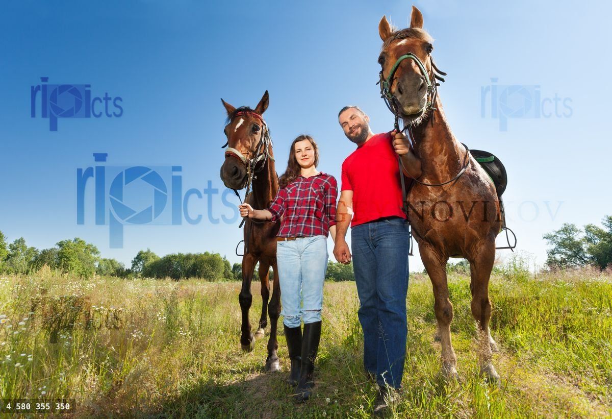 Young couple holding hands and walking with horses