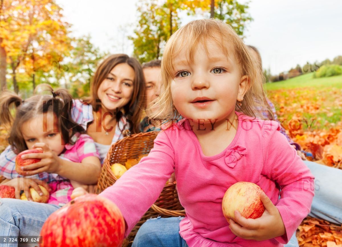 Girl gives apples with happy family sit behind