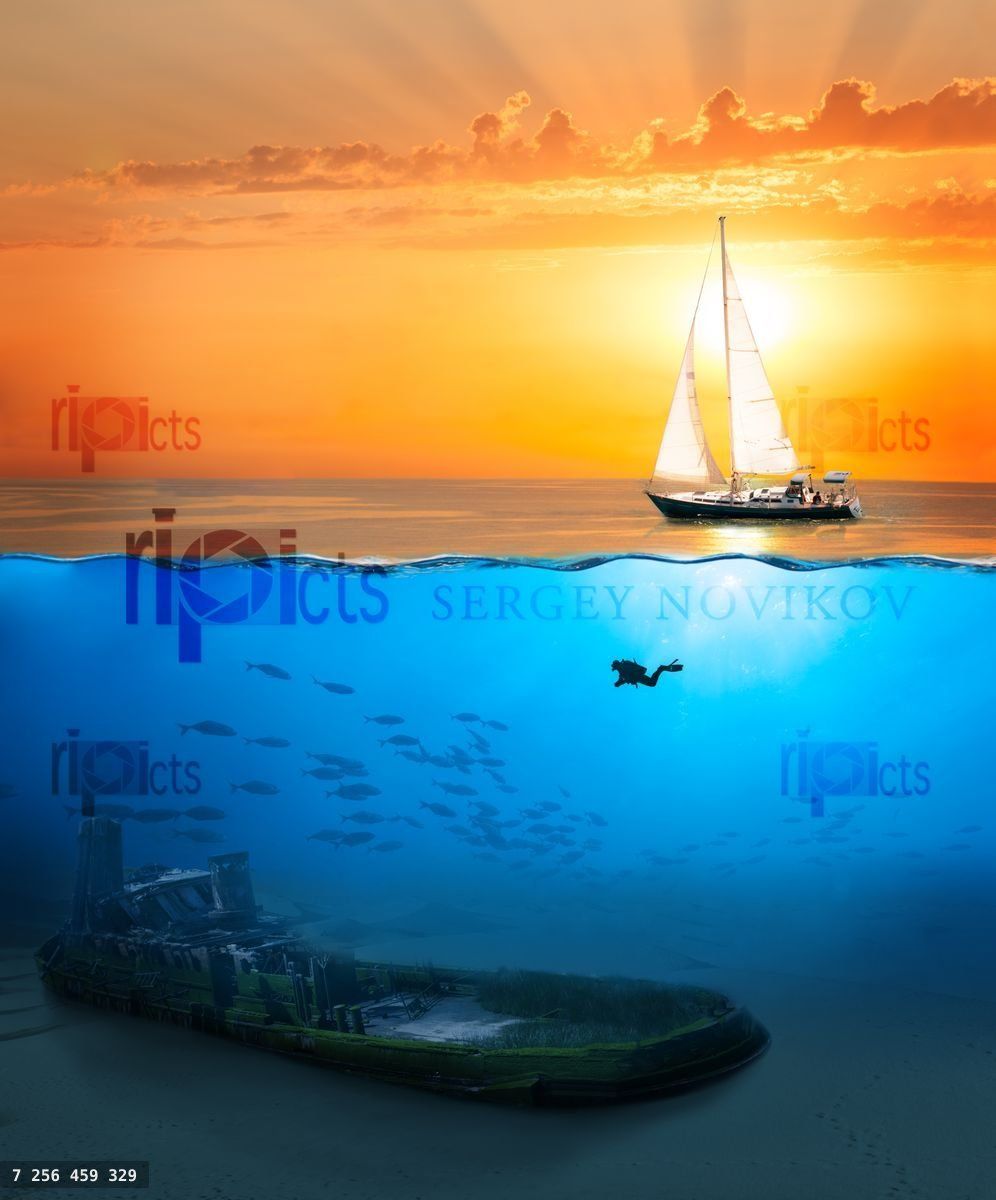 Half underwater shot with sunken vessel and yacht