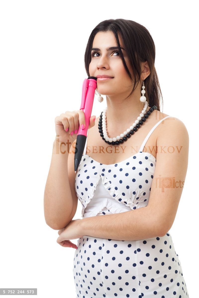 Woman thinking holding conceptual pen