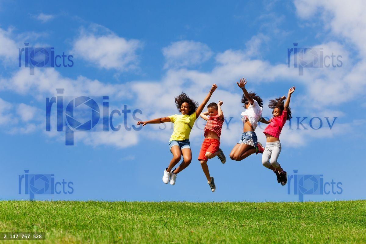Group of divers kids friends over clean blue sky