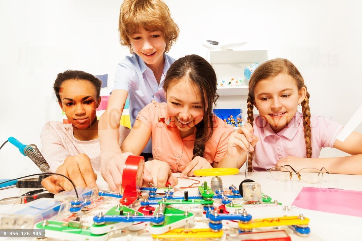 Four teenage students making a physical test