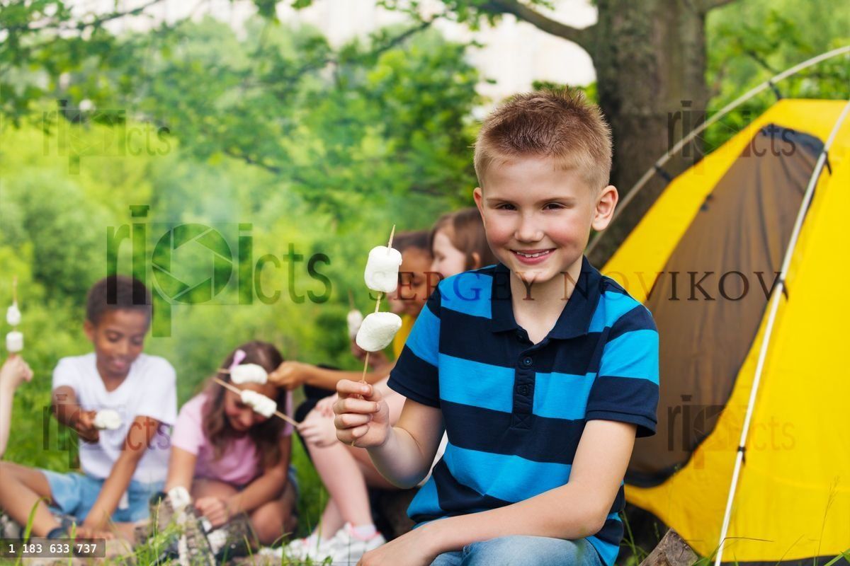 Boy holding stick with marshmallows during camping