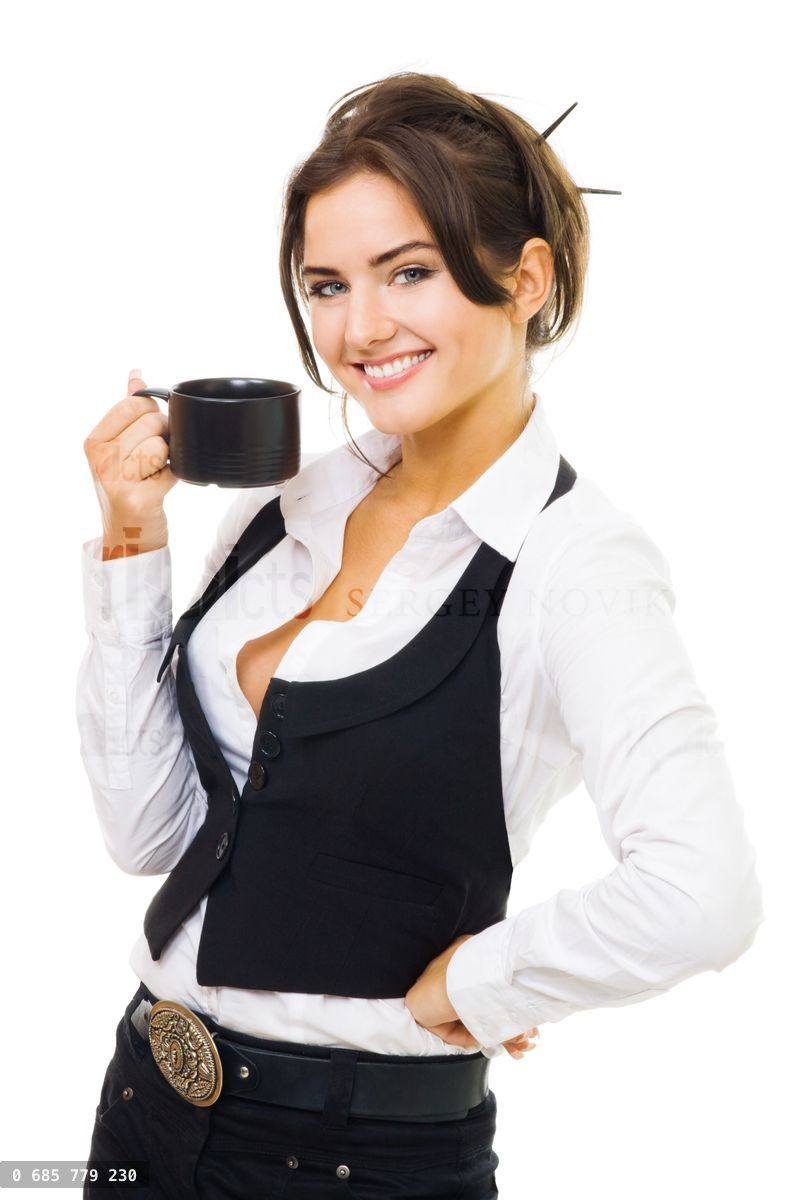 Woman standing with cup of coffee, smile and look at camera