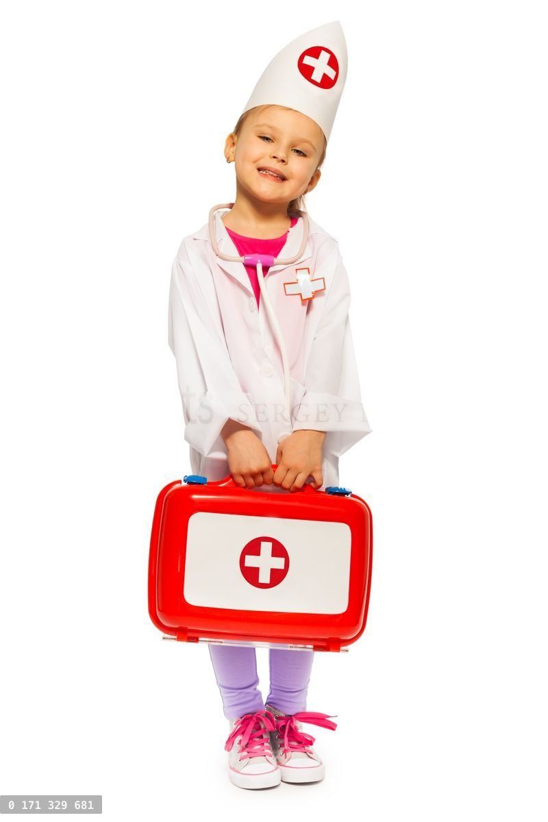 Girl dressed like a doctor with toy first aid kit